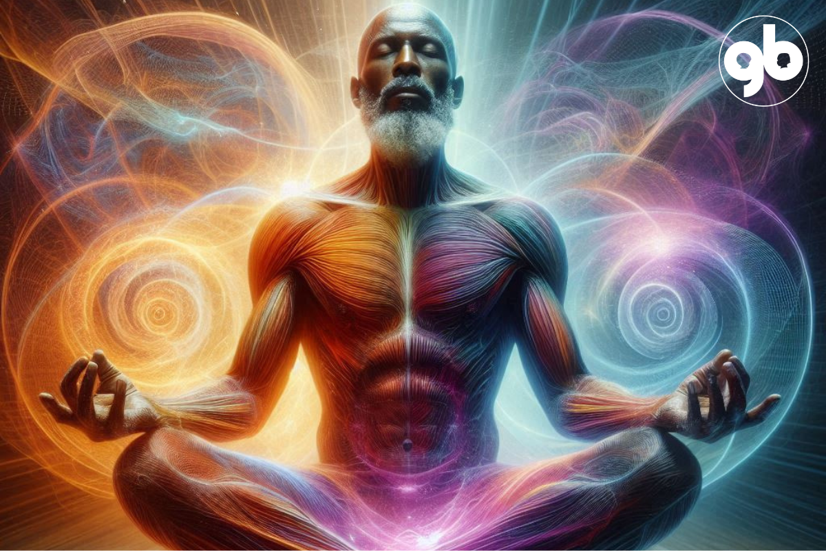 homem negro de meia idade, sentado em posição meditativa. Duas energia de cores diferentes o envolvem, uma de cada lado do corpo. Alguns filamentos luminosos percorrem todo seu corpo.